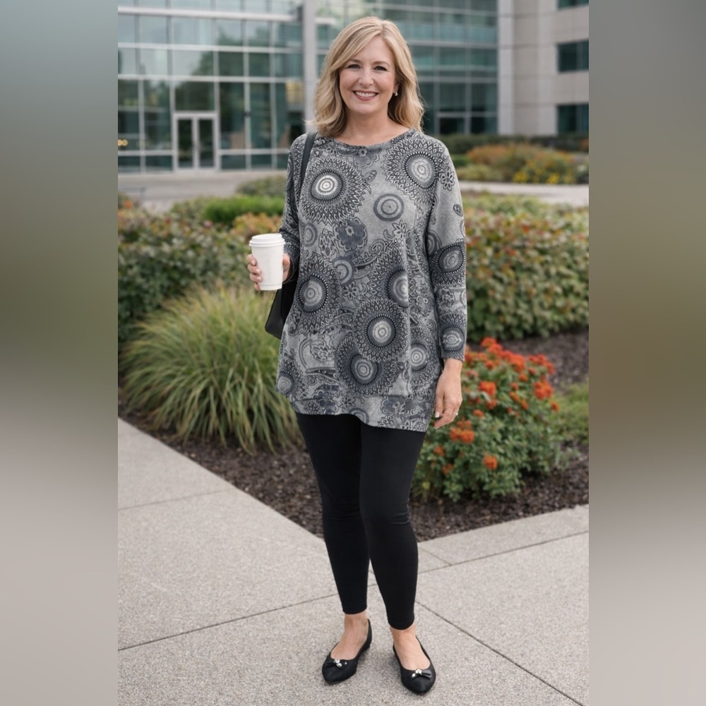 Papillon Gray Pattered Top Tunic Round Neck Long Sleeve OS Fit Sz L